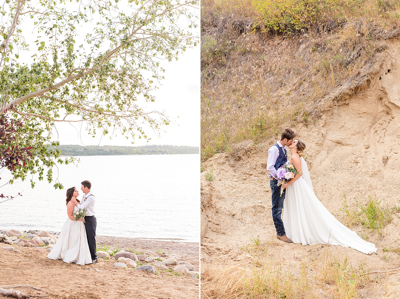 Bride and groom eloping in Saskatchewan at a beach and on the sand