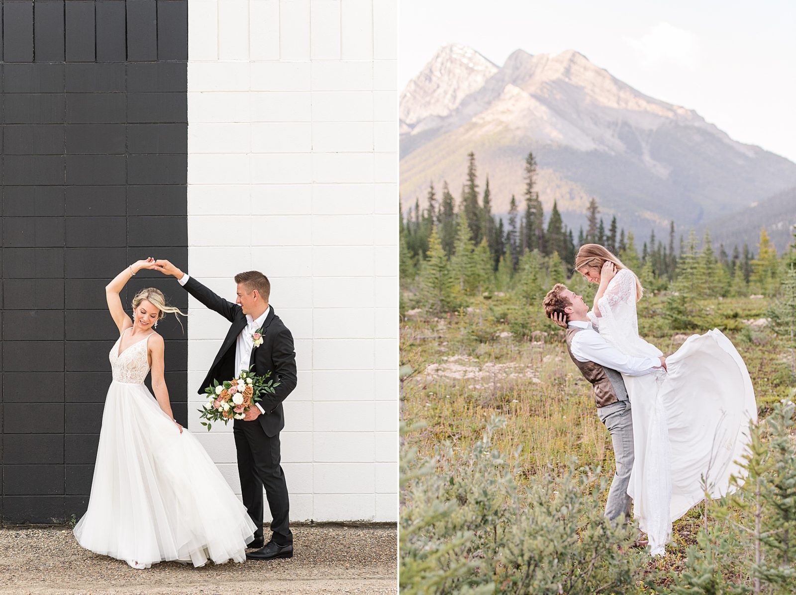 Wedding couple in front of a black and white wall, and wedding couple in the mountains after engagement