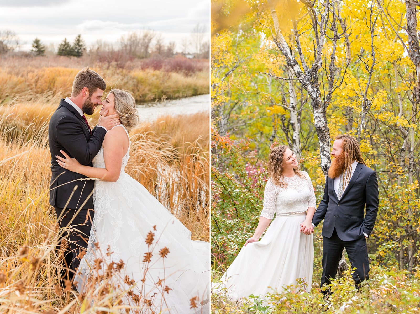 Bride and groom eloping in Saskatchewan by a river and by birch trees in the fall