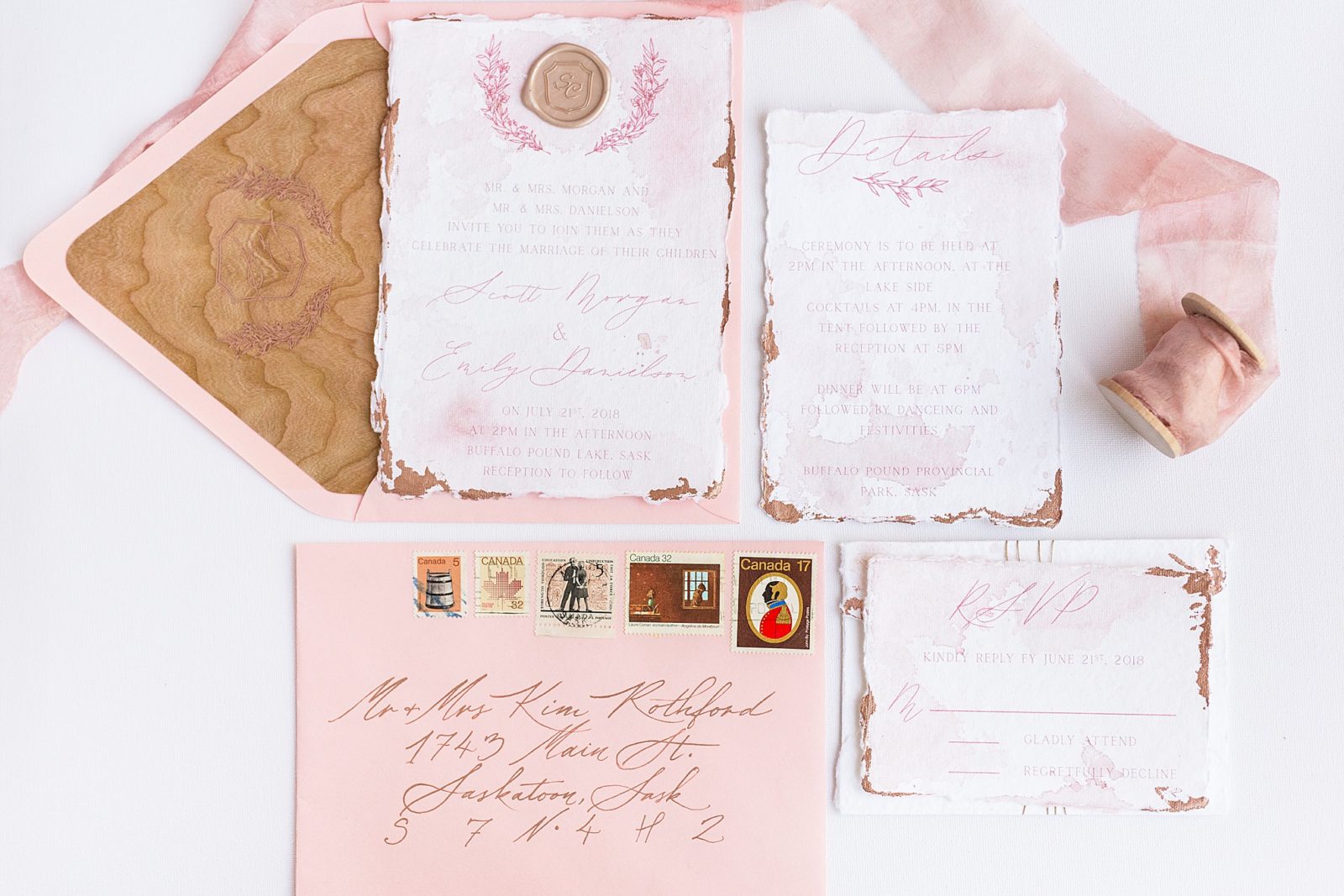 wedding invite suite, soft pink and wood