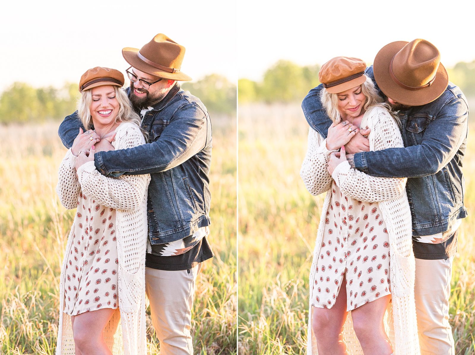 Couple wearing hats in a prairie field