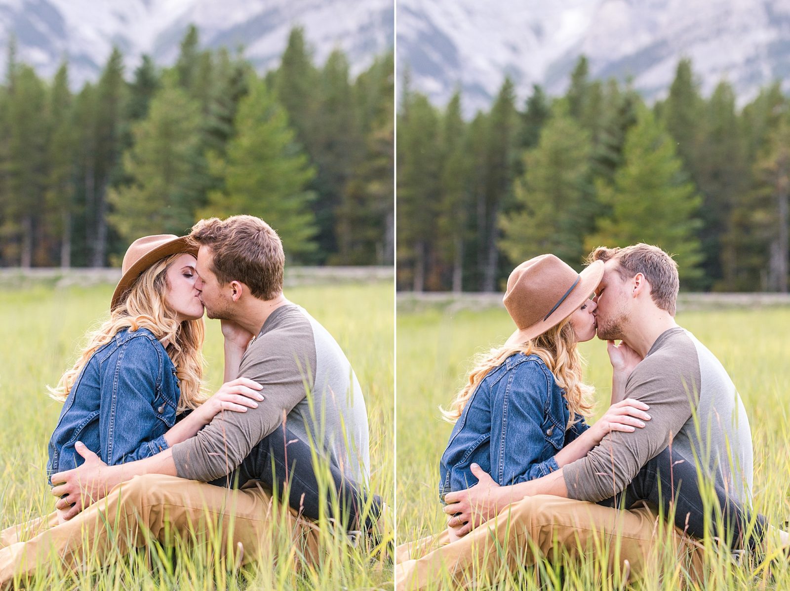 couple kissing in the mountains wearing a hat