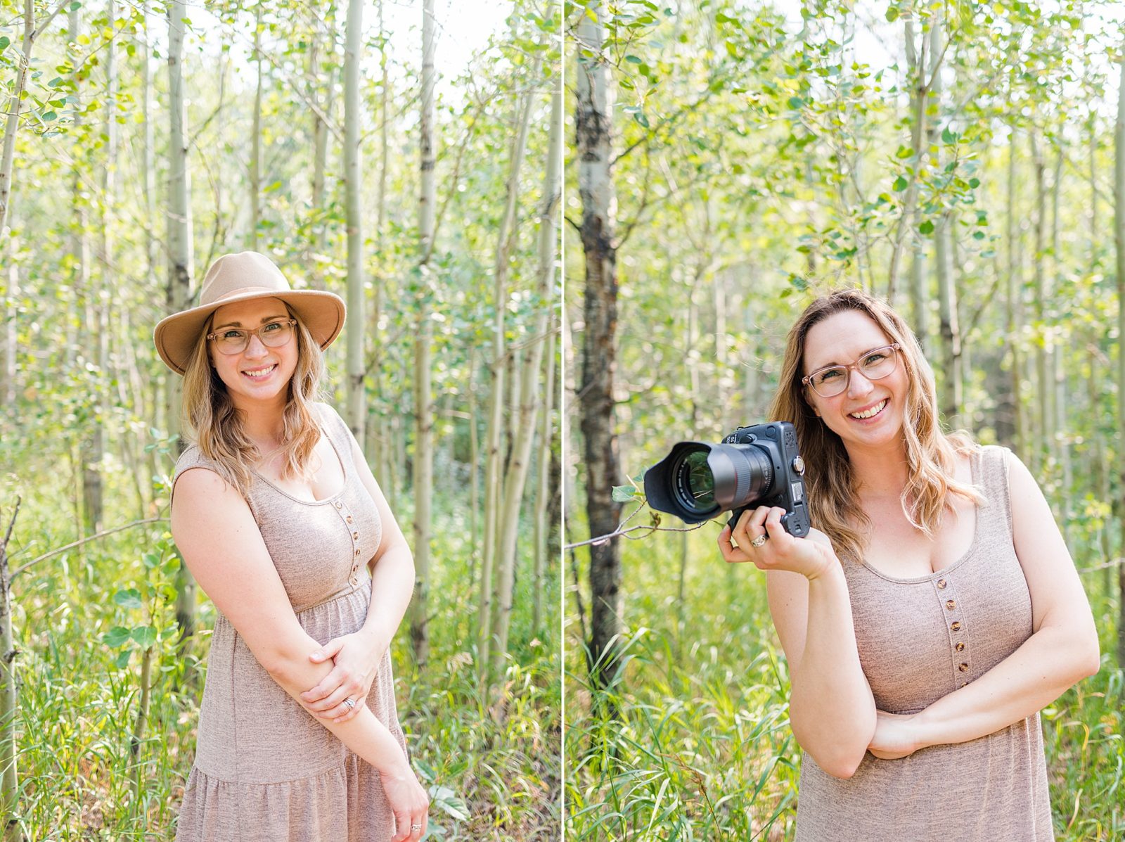 Krystal Moore Photography with a camera and a hat in birch trees