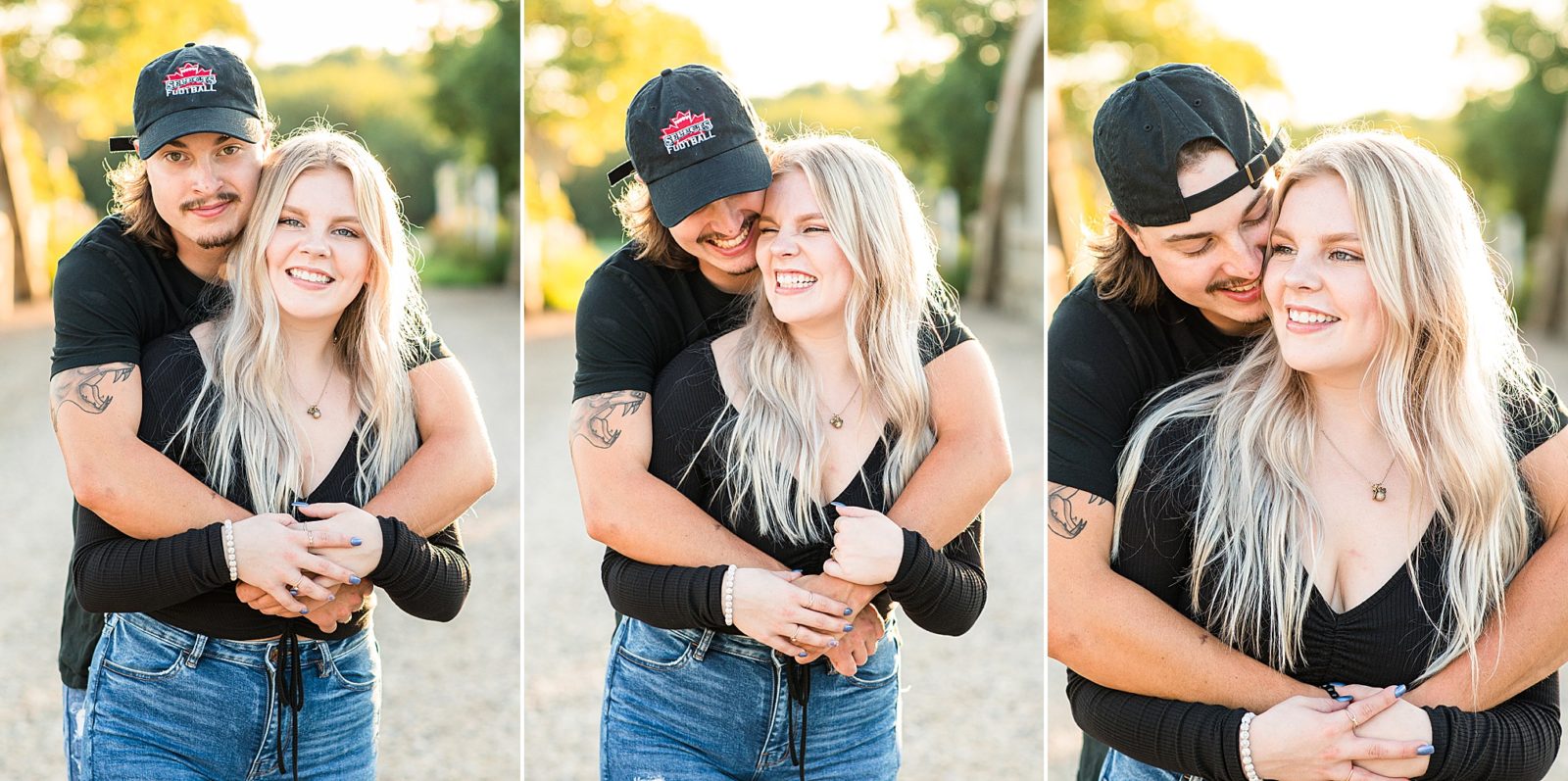 couple wearing a baseball hat hugging