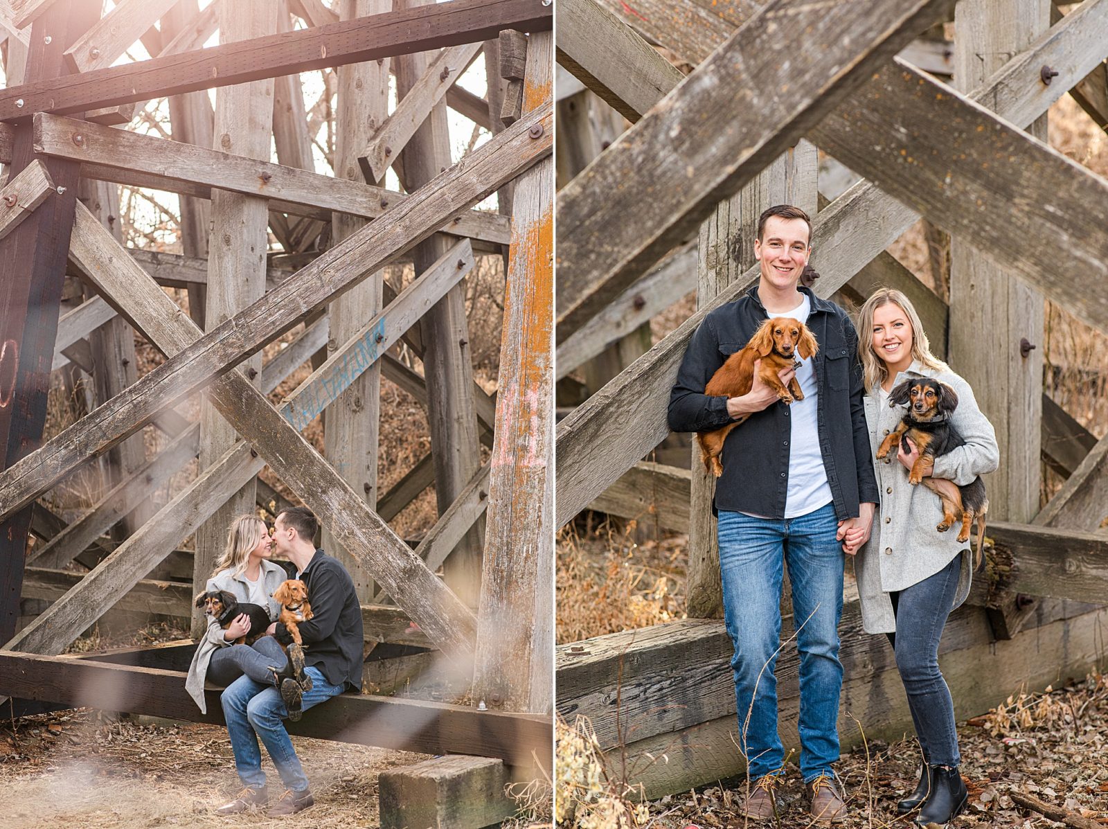 Couple with two small dogs in front of a train bridge in Wakamow Park in Moose Jaw.
