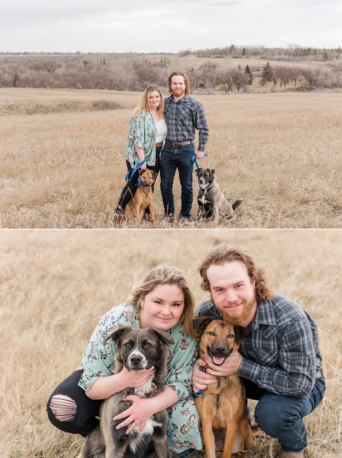 Couple with two dogs in Wakamow Park in Moose Jaw in the spring