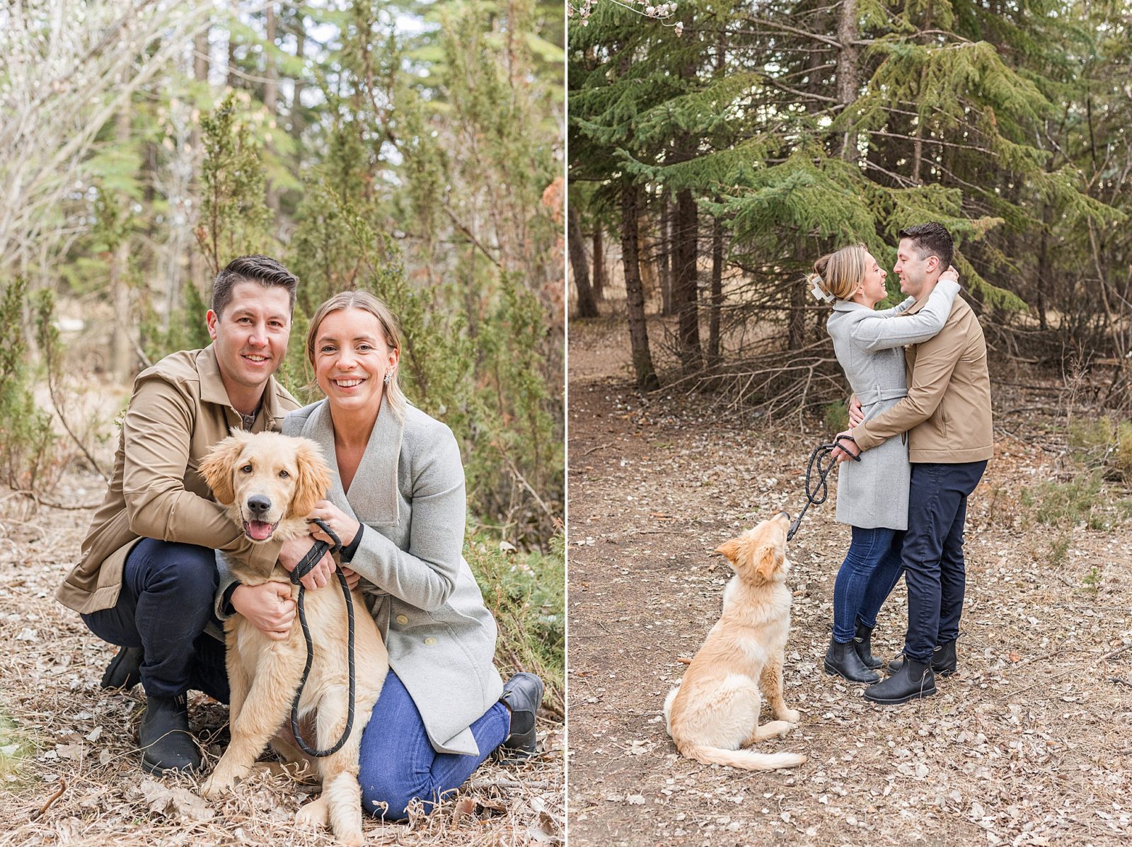 Couple with a golden retriever in Wakamow Park in Moose Jaw in the spring