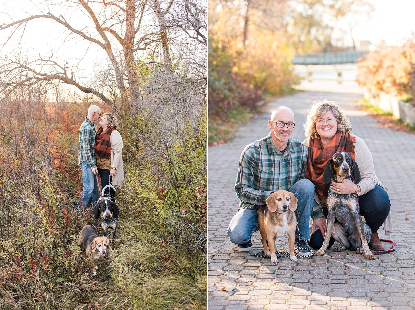 Couple standing on a path with two dogs in Wakamow Park in Moose Jaw in the fall