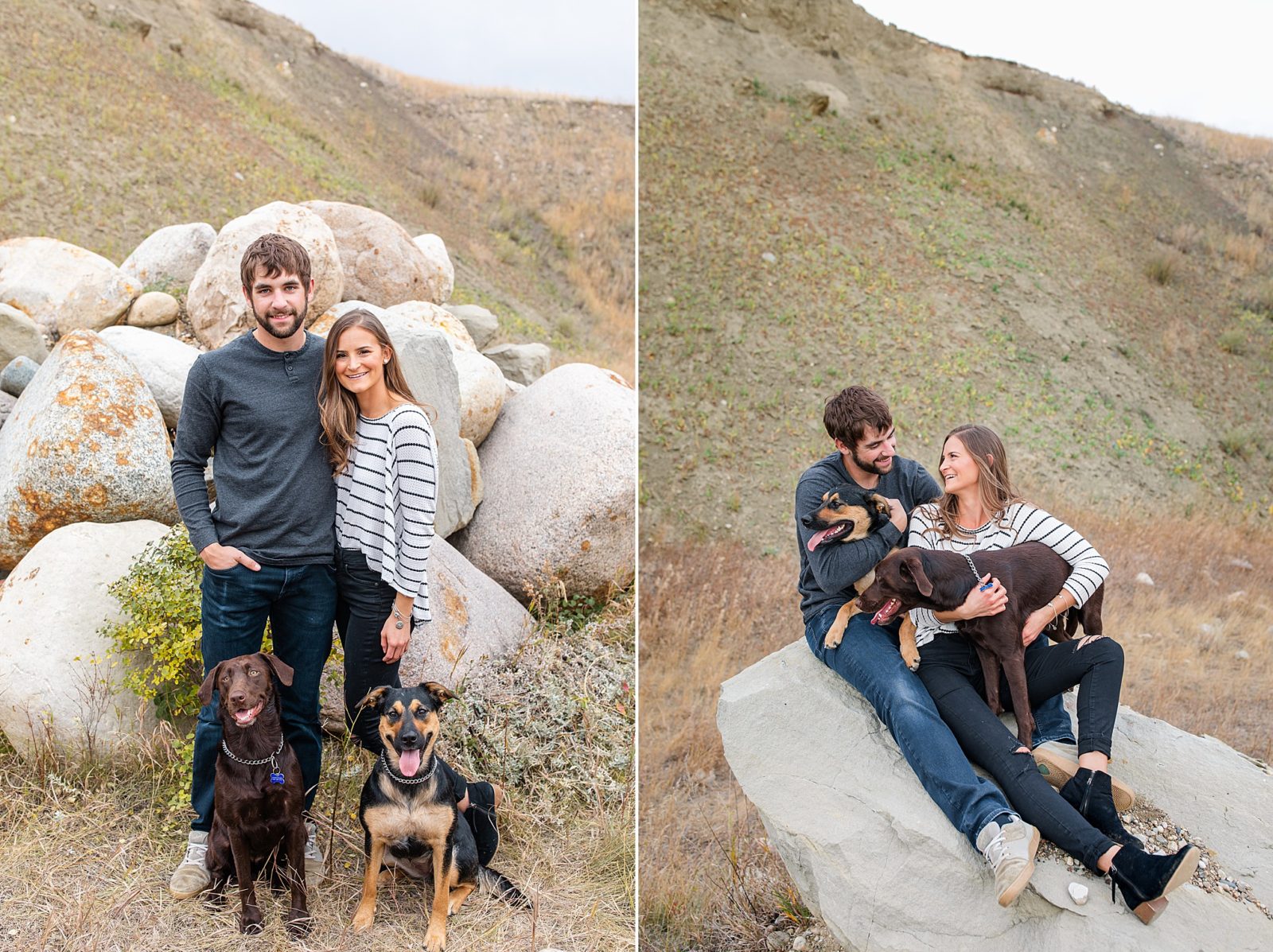 Couple with two dogs sitting on a rock