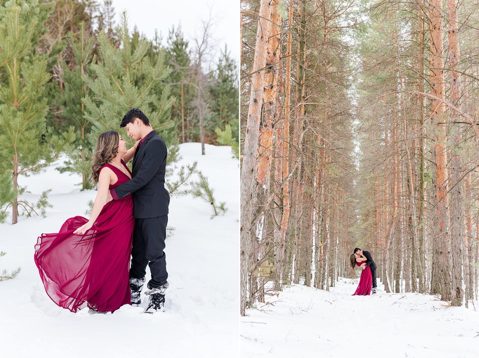 engaged couple in the forest in the snow