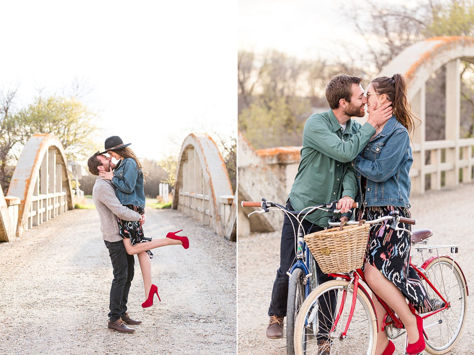 engaged couple on a bridge with a bike
