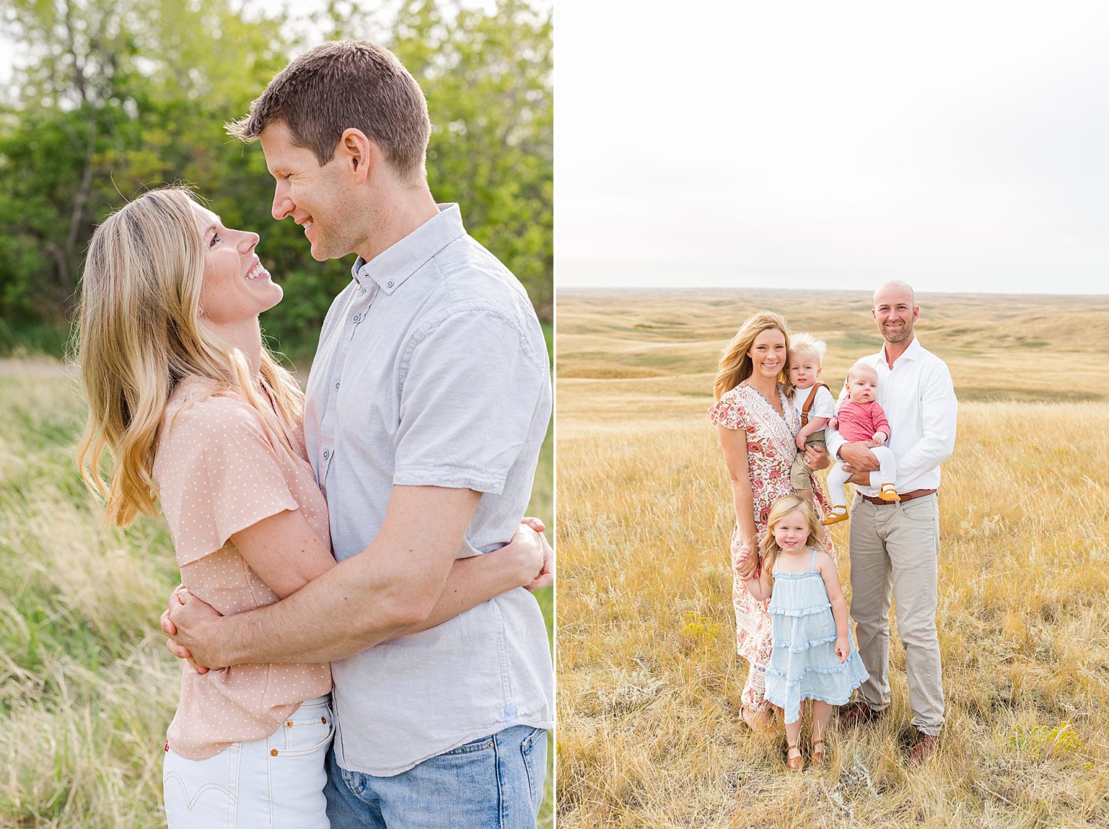 Couple looking at each other. Family on top of a hill in the Saskatchewan Prairies with a 3 kids