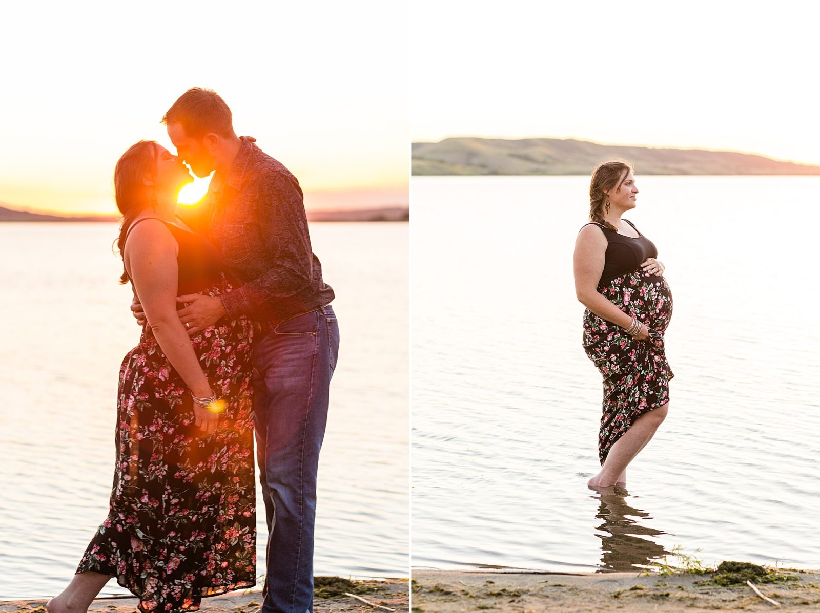maternity session at Buffalo Pound Lake. Mom wearing a dress by the water