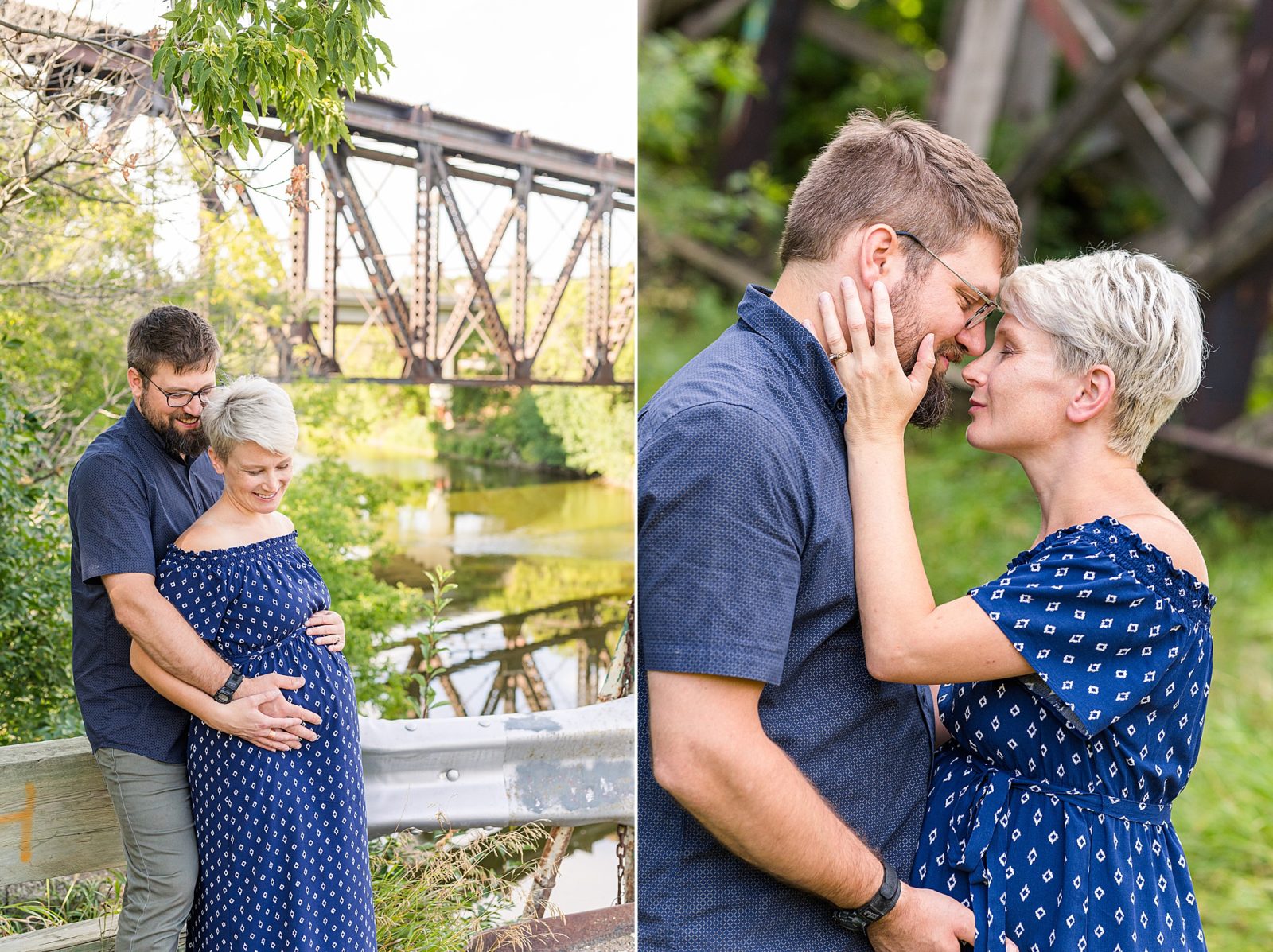 maternity session in Moose Jaw. Mom wearing a dress by a train bridge