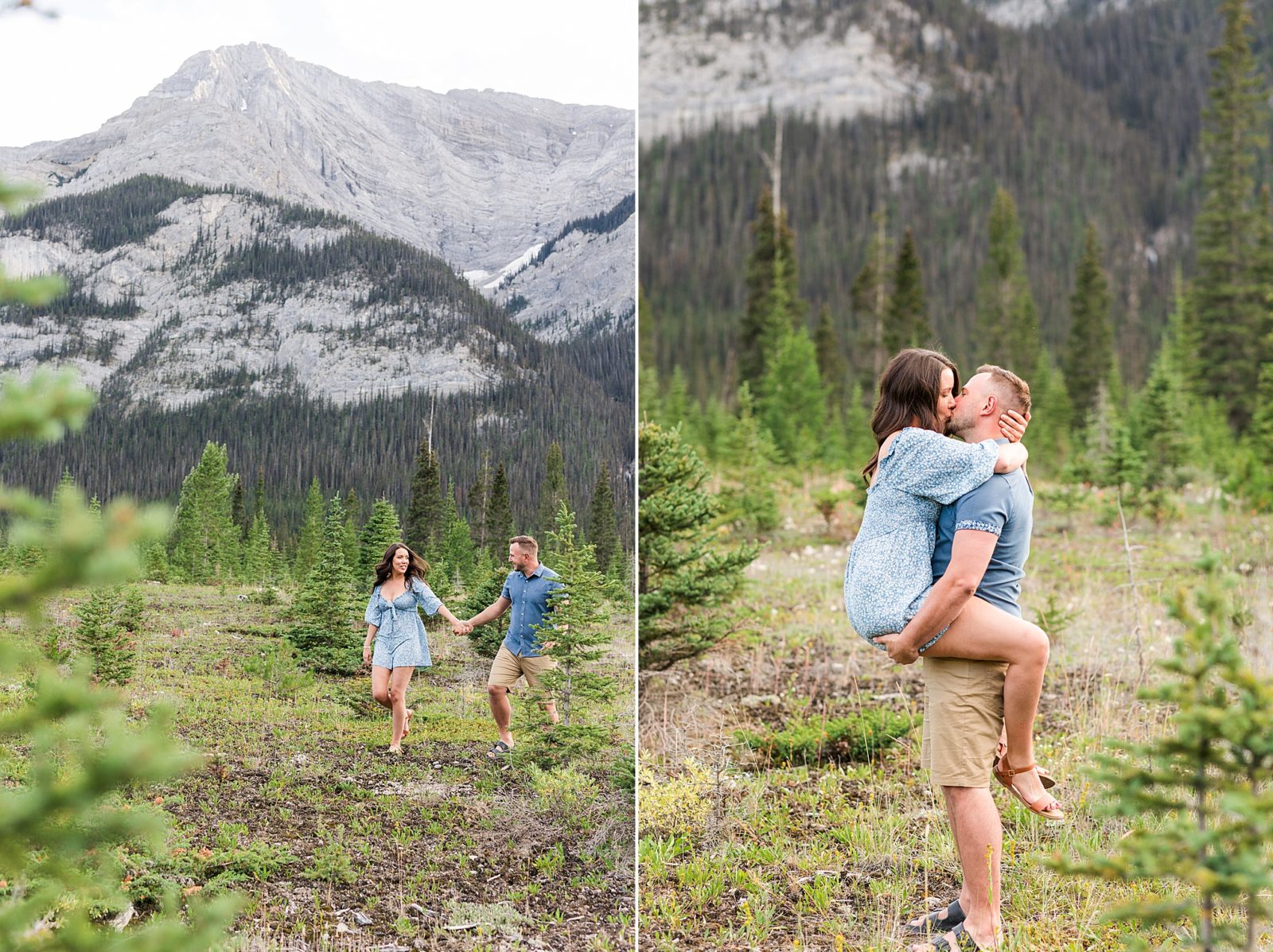 Couple standing in front of mountains in Kananaskis 