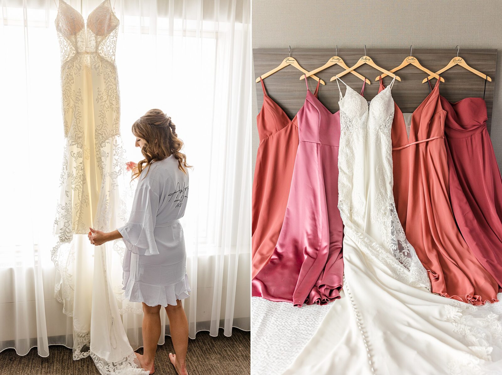 bride with her wedding dress, and bridesmaid dresses