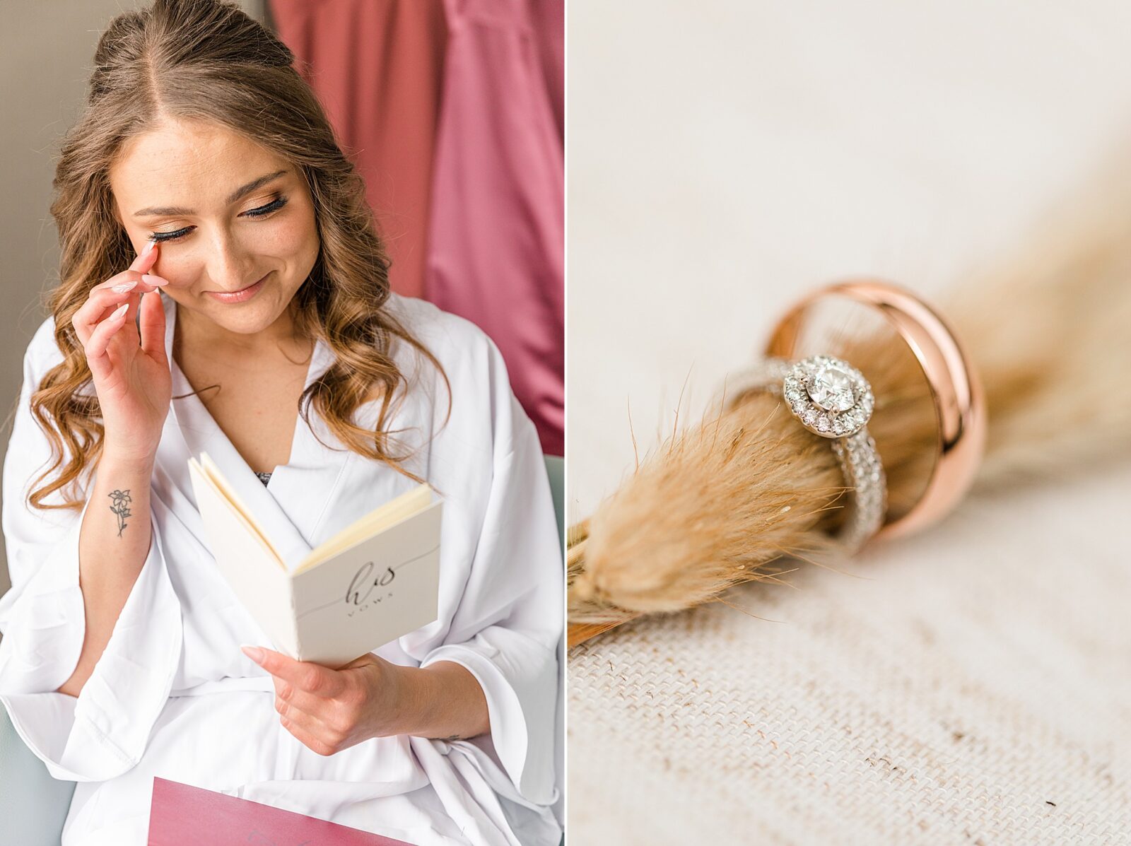 bride reading vow book, and wedding rings