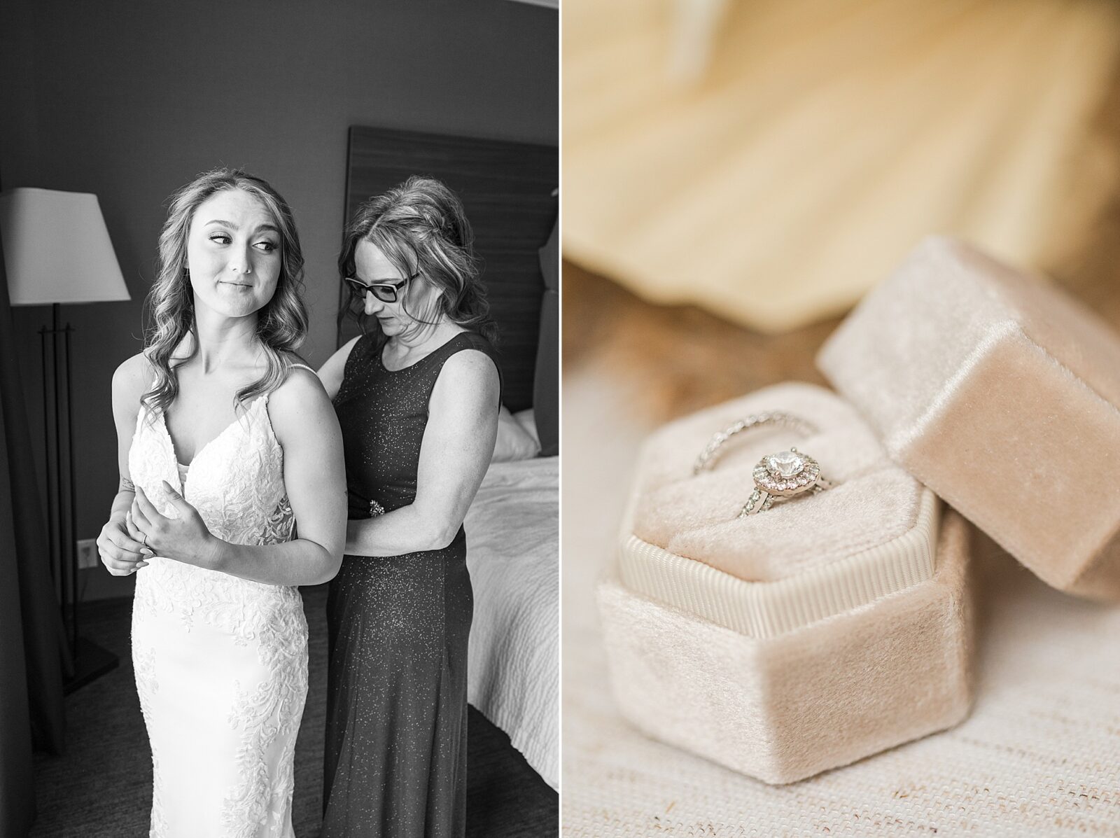 bride and her mom and rings in a ring box