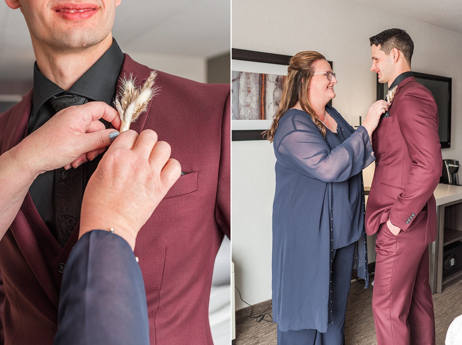 groom getting ready for wedding with mom