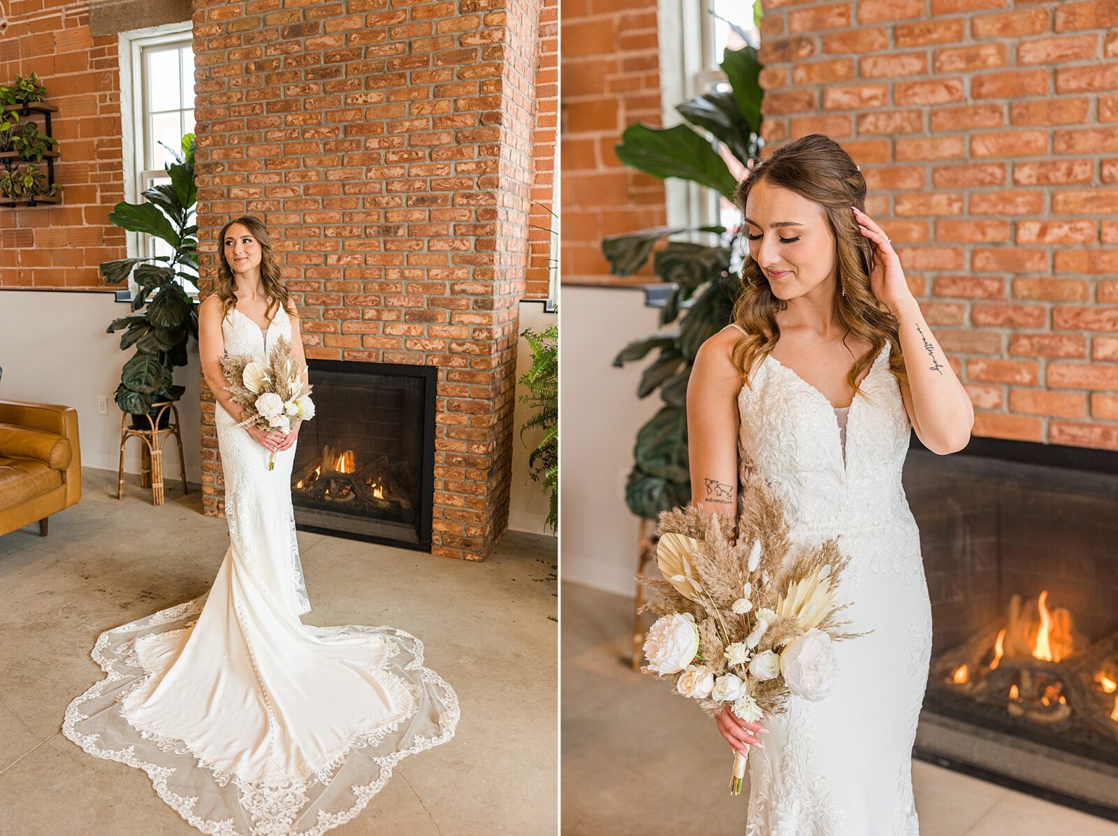 Bride photos at The Every Day Kitchen in Regina, Sask with boho pampas grass bouquet