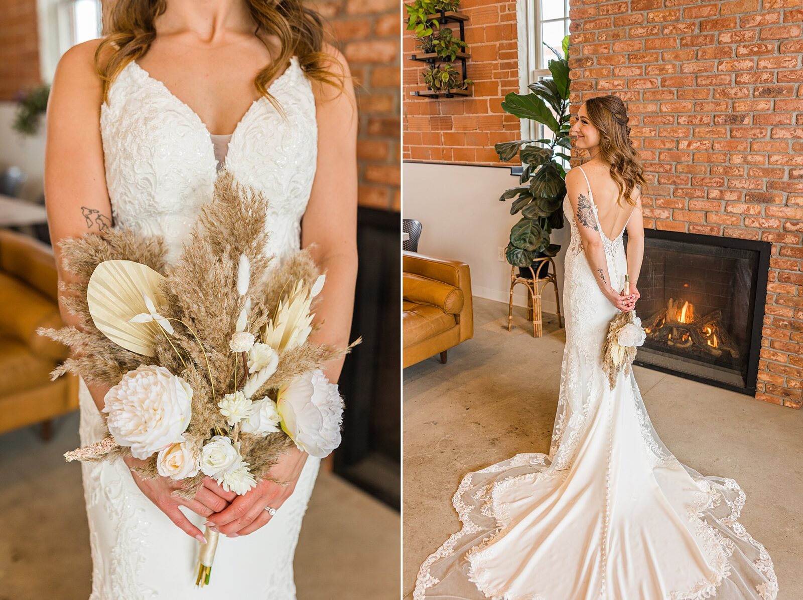 Bride photos at The Every Day Kitchen in Regina, Sask with pampas grass boho bouquet