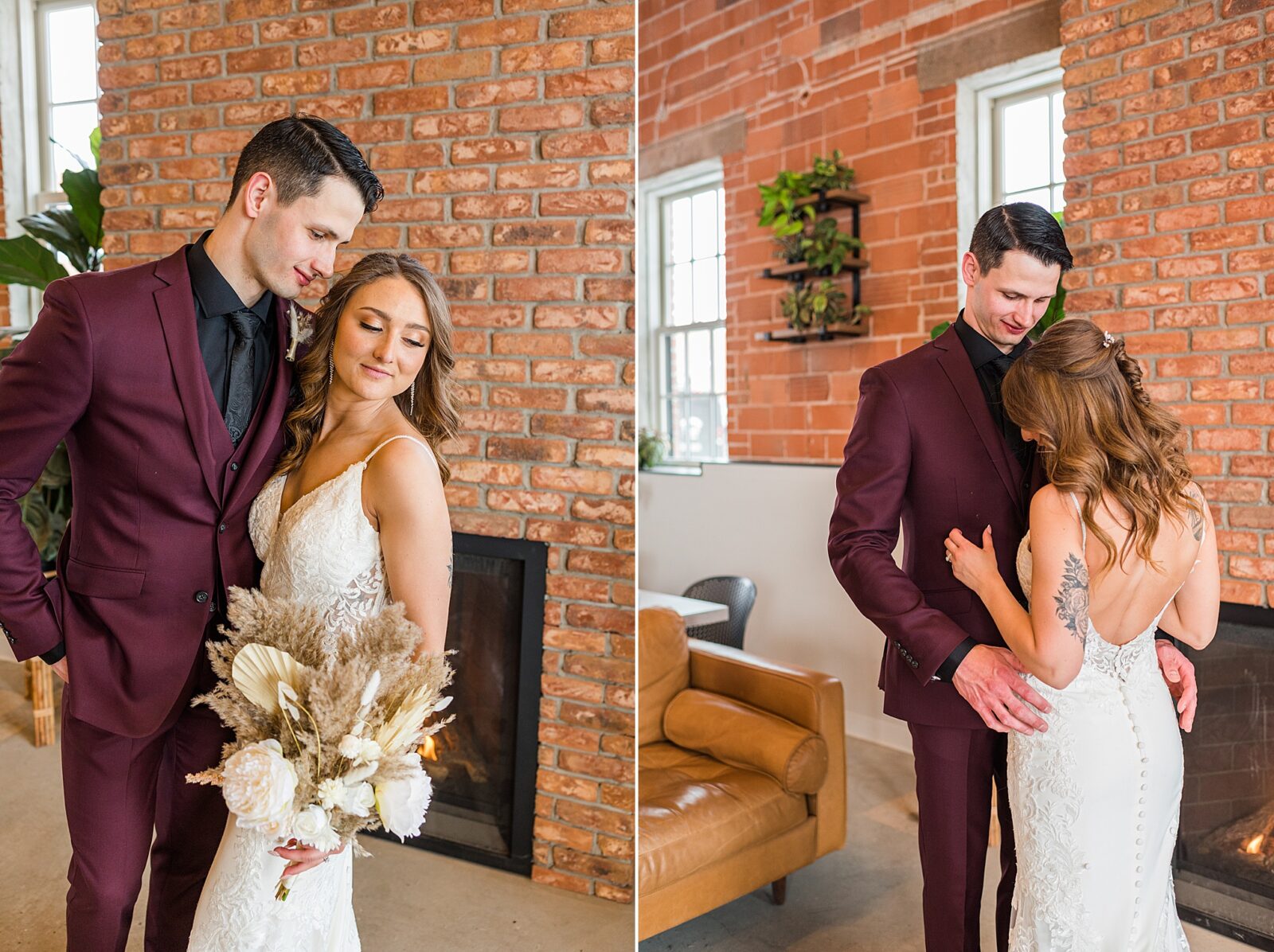 Bride and Groom photos at The Every Day Kitchen in Regina, Sask with boho pampas grass bouquet