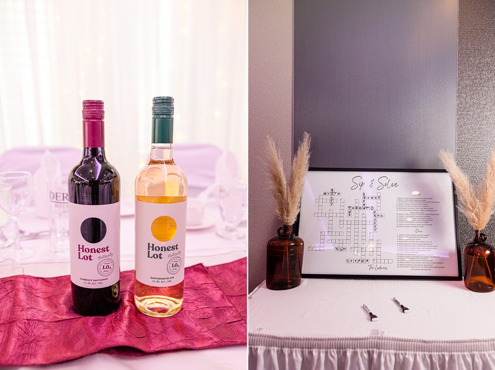 The Atlas Hotel, boho and urban wedding details in Regina, Saskatchewan, wine bottles, sip and solve puzzle