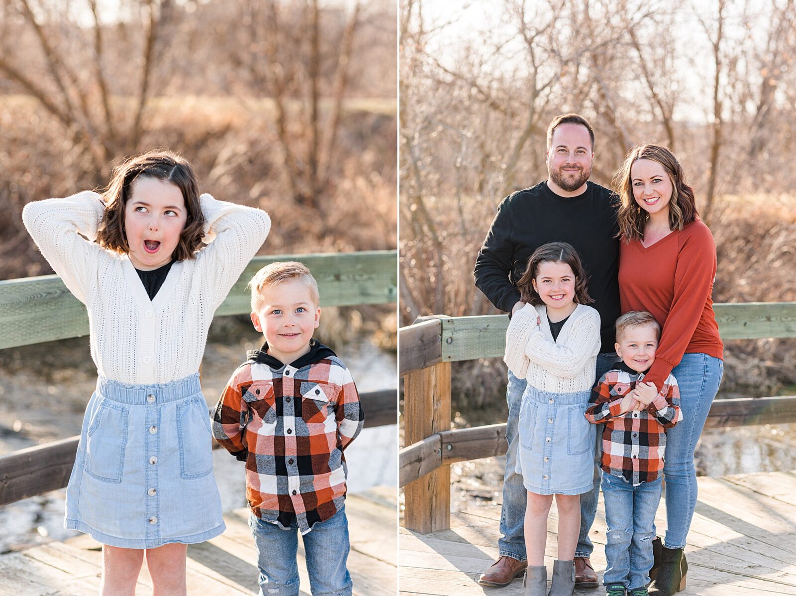 Moose Jaw Spring Family session on boardwalk, kids being silly
