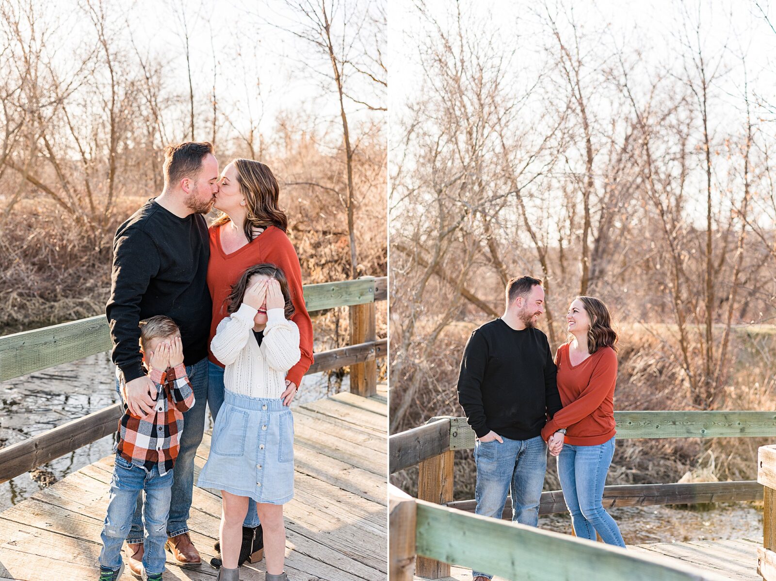 Moose Jaw Spring Family session on boardwalk, parents kissing